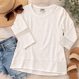 Wild Palms White French Terry Mesh Panel 3/4 Sleeve Top Small Coastal Casual
